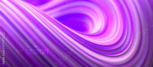 Purple striped curl. Liquid flowing wave shape. Vector 3d illustration. Abstract colorful background. Vibrant gradient stream. Fluid paint wallpaper. Modern cover design