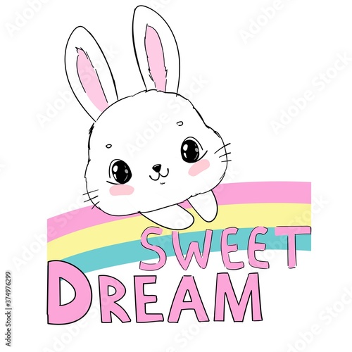 Hand drawn cute rabbit and rainbow with handwritten phrase sweet dream isolated on white background vector illustration beautiful childish print