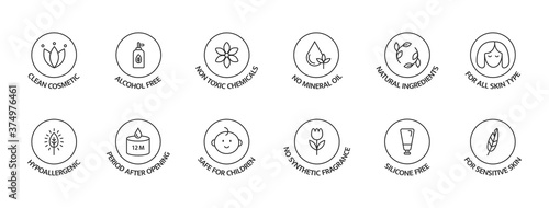 Organic cosmetic labels set. Product free allergen line icons. Natural products badges. GMO free emblems. Organic stickers. Vegan, bio food. Healthy eating. Vector illustration