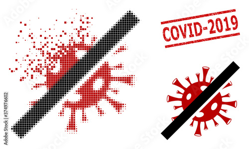 No coronavirus icon in dissolved, pixelated halftone style and Covid-2019 grunge stamp print. Particles are composed into vector dispersed no coronavirus icon.