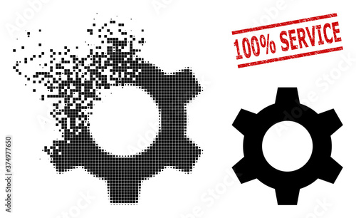 Cog icon in dispersed, pixelated halftone style and 100% Service corroded seal. Cells are arranged into vector dispersed cog shape. Stamp seal includes 100% Service text between parallel lines.