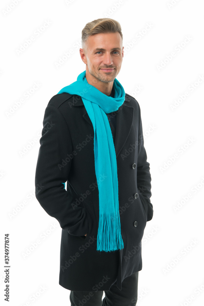 Fototapeta premium trendy guy in autumn coat and scarf isolated on white, style