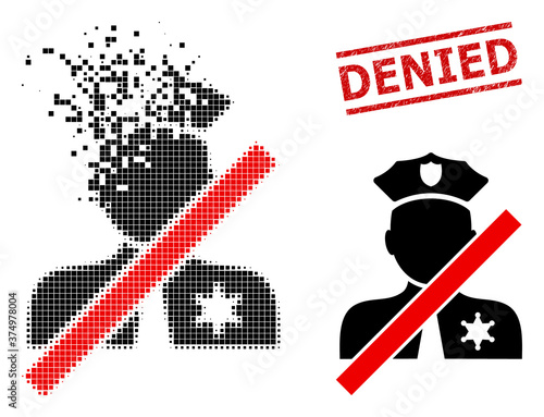 Closed police officer icon in dissolved, pixelated halftone style and Denied grunge stamp imitation. Particles are combined into vector dispersed closed police officer pictogram.