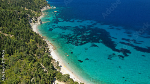 Aerial drone photo of beautiful paradise beach of Afales and white beach in beautiful Ionian island of Ithaki or Ithaca  Greece