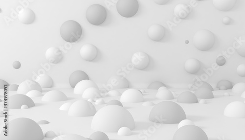 Abstract white spheres on white backdrop wall. 3D render 