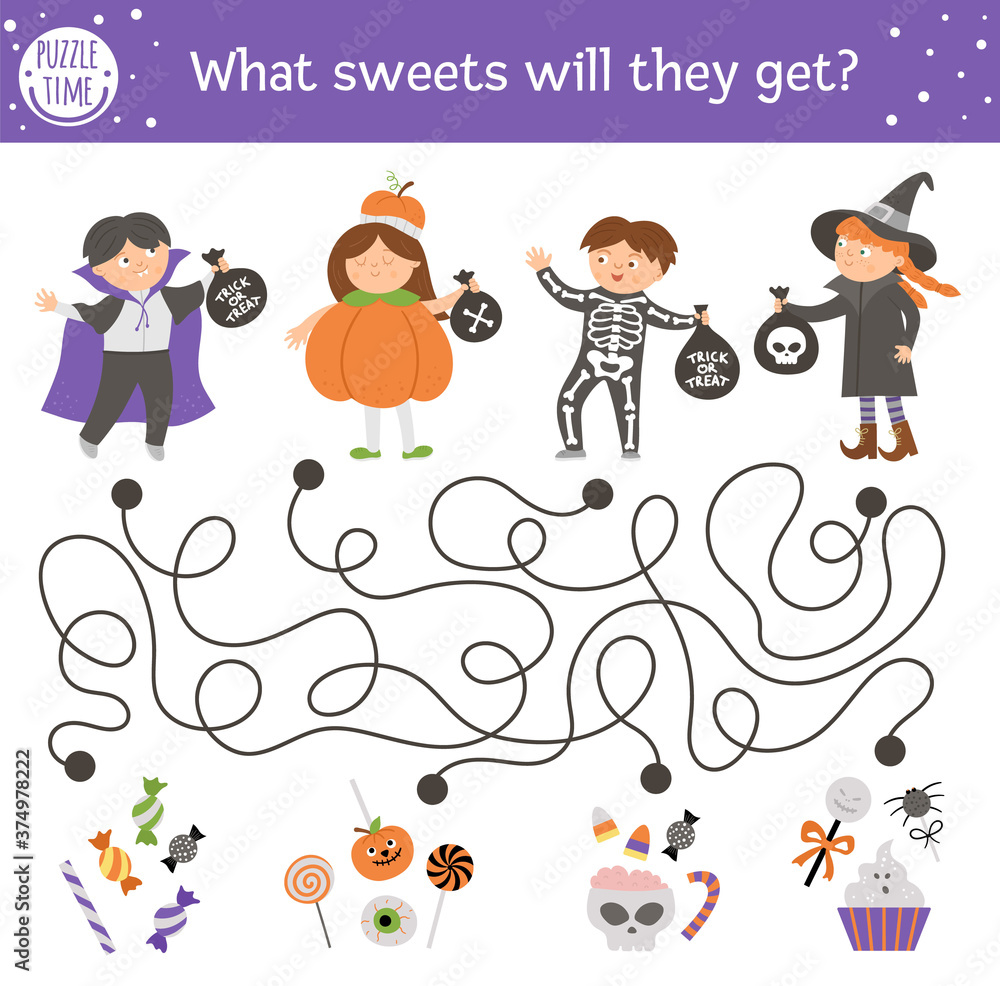 Fototapeta premium Halloween maze for children. Autumn preschool printable educational activity with kids in costumes. Funny day of the dead game or puzzle with trick or treat scene. What sweets will the children get .