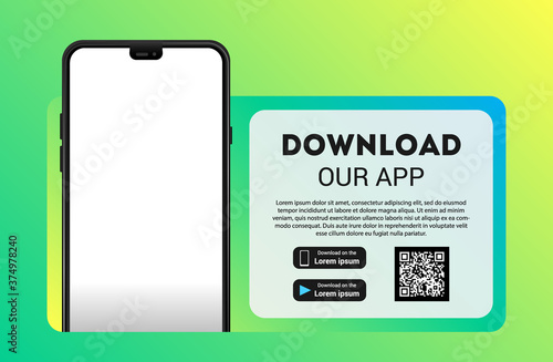 Download page of the mobile app mock up. Empty screen smartphone for you app. Download buttons. Vector illustration.