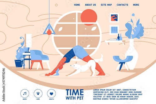 Vector landing page design template woman doing doga yoga with dog. Interior concept scene in vibrant blue and orange colors.
