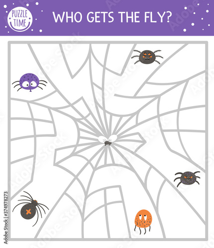 Halloween maze for children. Autumn preschool printable educational activity. Funny day of the dead game or puzzle with spiders, web, insect. Who gets the fly.