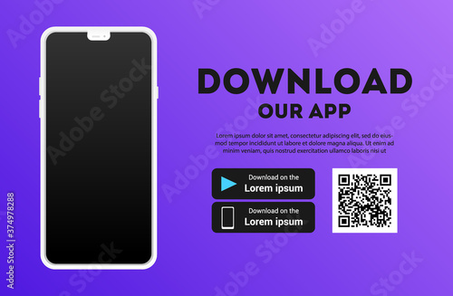Download page of the mobile app mock up. Empty screen smartphone for you app. Download buttons. Vector illustration.