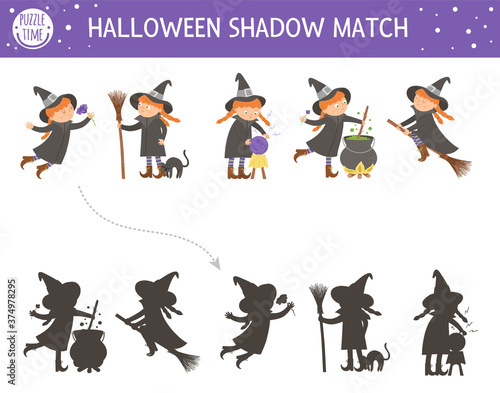 Halloween shadow matching activity for children. Autumn puzzle with witches. Educational game for kids with scary characters. Find the correct silhouette printable worksheet. .
