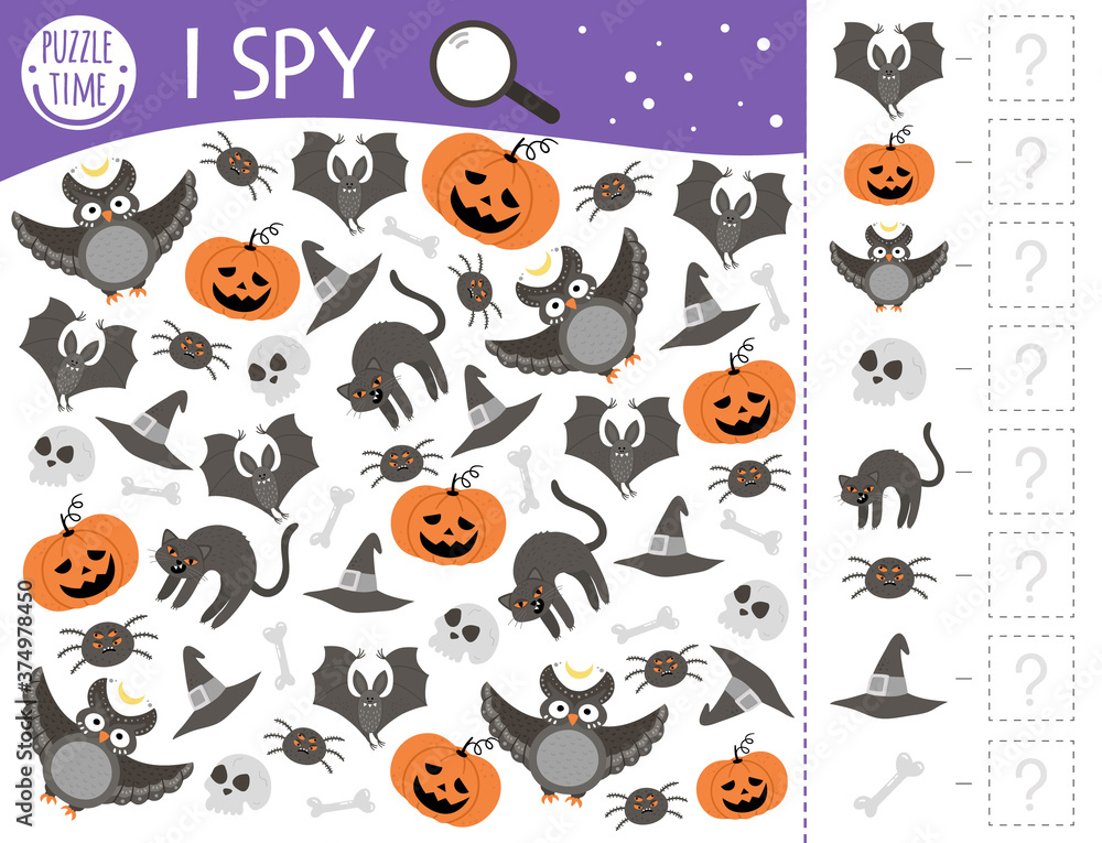 Fototapeta premium Halloween I spy game for kids. Searching and counting activity for preschool children with traditional scary objects. Funny autumn printable worksheet for kids. Simple spotting puzzle..