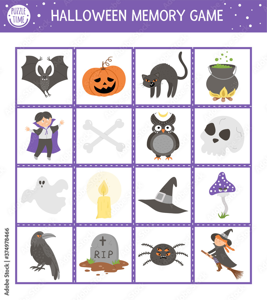 Halloween memory game cards with traditional holiday symbols. Matching ...