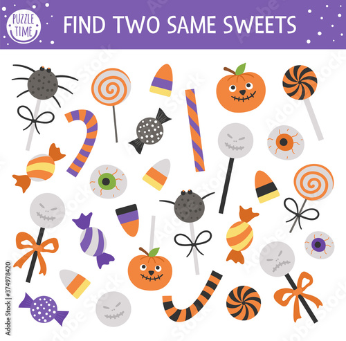 Find two same trick or treat sweets. Halloween matching activity for children. Funny educational autumn logical quiz worksheet for kids. Simple printable game with scary lollypops, candies.