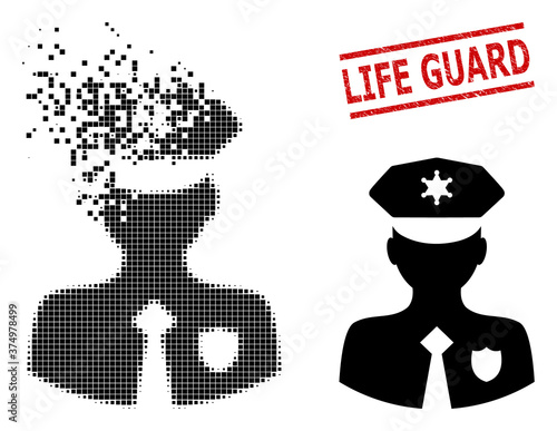 Constable icon in sparkle, pixelated halftone style and Life Guard rubber stamp print. Pixels are grouped into vector disappearing constable icon.