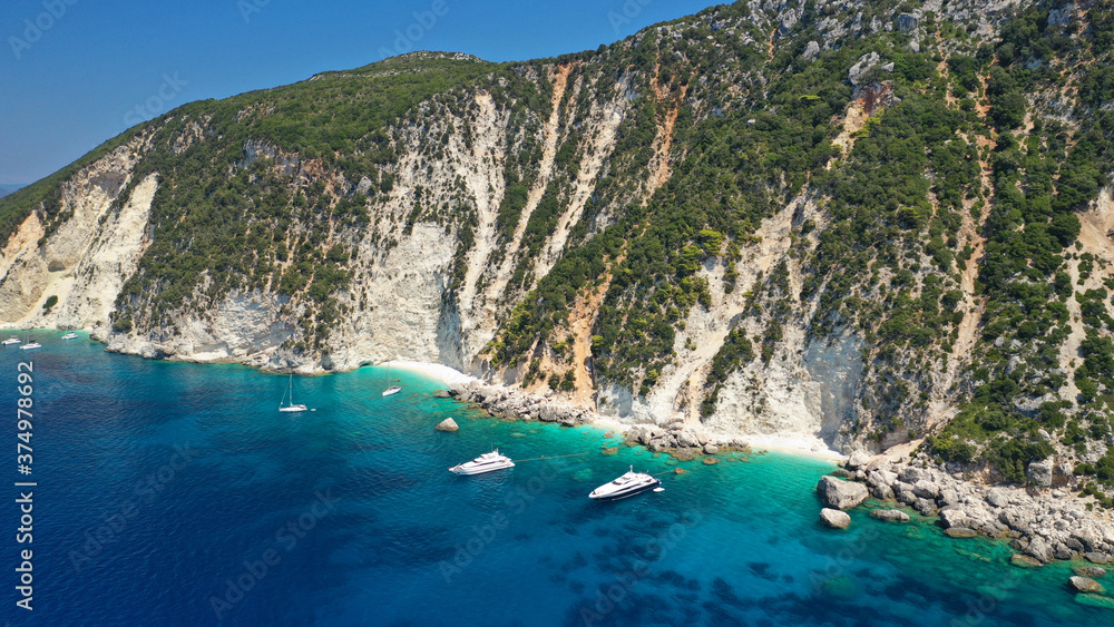 Aerial drone photo of beautiful paradise beach of Afales and white beach in beautiful Ionian island of Ithaki or Ithaca, Greece