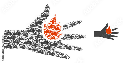Vector burn hand mosaic is composed from repeating recursive burn hand pictograms. Recursive collage from burn hand.