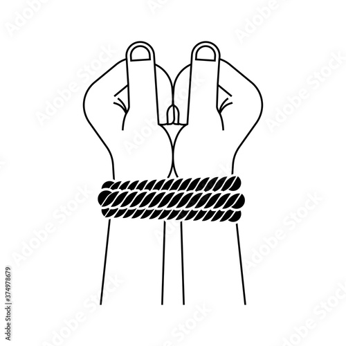 Tied hands symbol of violence and bullying. Sign Lawlessness and torture