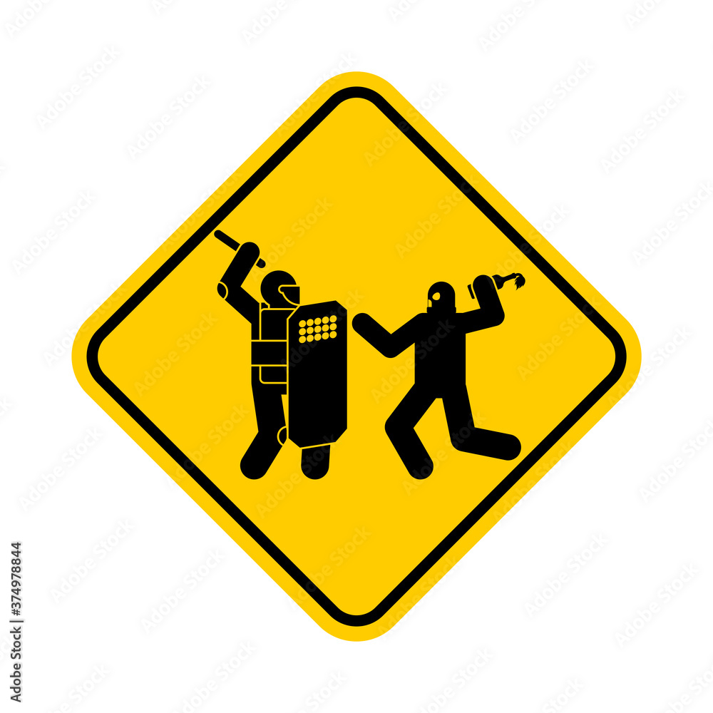 Attention police arbitrariness. Warning yellow road sign. Caution riot police Violence and bullying. Demonstration, protesting symbol icon Attention police arbitrariness. Warning yellow road sign. Caution riot police Violence and bullying. Demonstration, protesting symbol icon