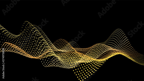 Sound wave from node. Gold interface big data flow. Copy space cover template. Vector swirl isolated flow.