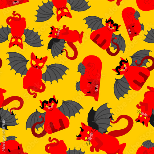 Devil cat pattern seamless. Satan pet background. Red demon animal texture. vector ornament