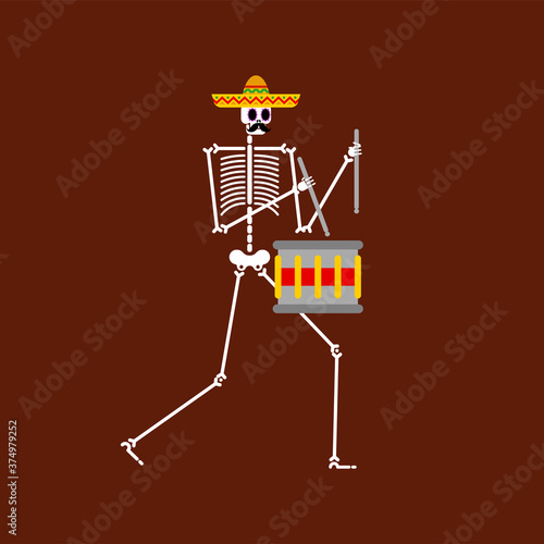 Skeleton and drum. Dead man with musical instrument. Dead music band. Skull in sombrero. Day of dead in mexico.