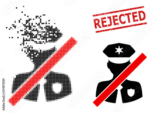 Closed police patrol icon in fractured, dotted halftone style and Rejected scratched stamp seal. Fragments are organized into vector dissipated closed police patrol icon.