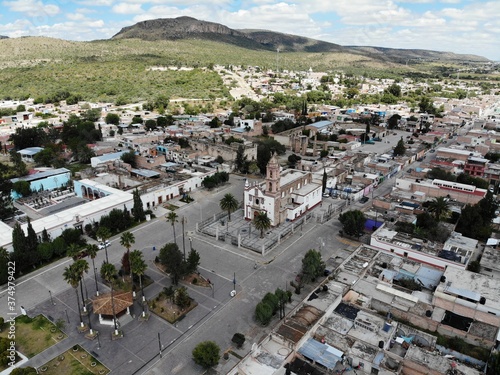 aerial view of a Mexican church in a small town of Aguascalientes, Mexico, in a modest interpretation of Baroque art