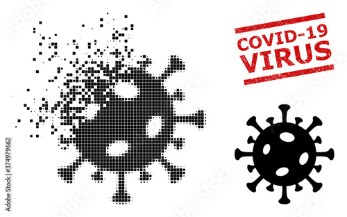 Covid virus icon in sparkle, pixelated halftone style and Covid-19 Virus dirty stamp seal. Particles are organized into vector dissipated covid virus shape.