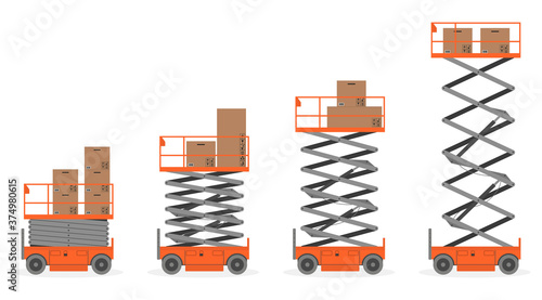 Set of Scissors lift platform with cardboard boxes on white background.