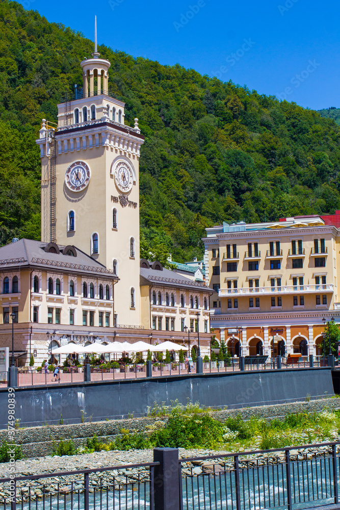Obraz premium the clock tower in the village of Rosa Khutor, Sochi