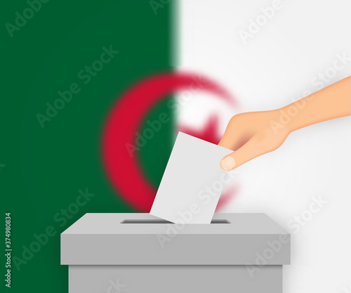 Algeria election banner background. Ballot Box with blurred flag Template for your design
