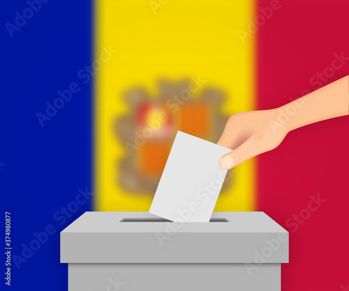 Andorra election banner background. Ballot Box with blurred flag Template for your design