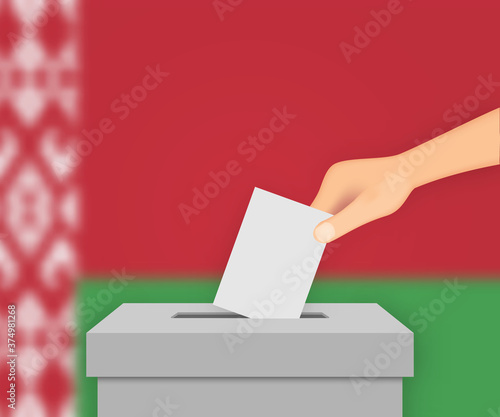 Belarus election banner background. Ballot Box with blurred flag Template for your design photo