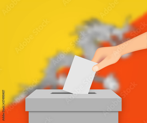Bhutan election banner background. Ballot Box with blurred flag Template for your design
