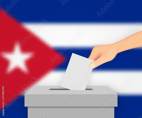 Cuba election banner background. Ballot Box with blurred flag Template for your design