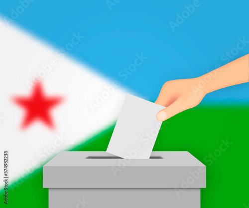 Djibouti election banner background. Ballot Box with blurred fla Template for your design