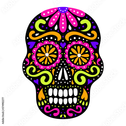 Mexican style ornamental sugar skull with flourish and flower ornament. Day of the Dead traditional ornate symbol. Floral decoration. EPS 10 vector tribal design colorful illustration.