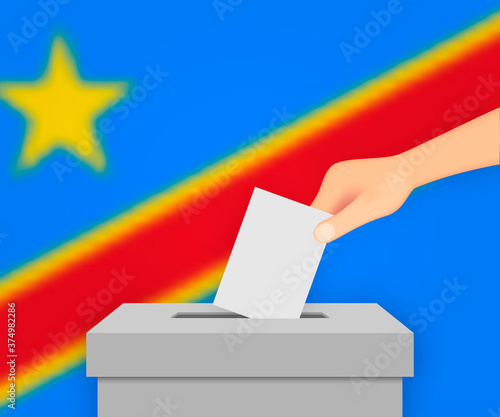 DR Congo election banner background. Ballot Box with blurred fla Template for your design