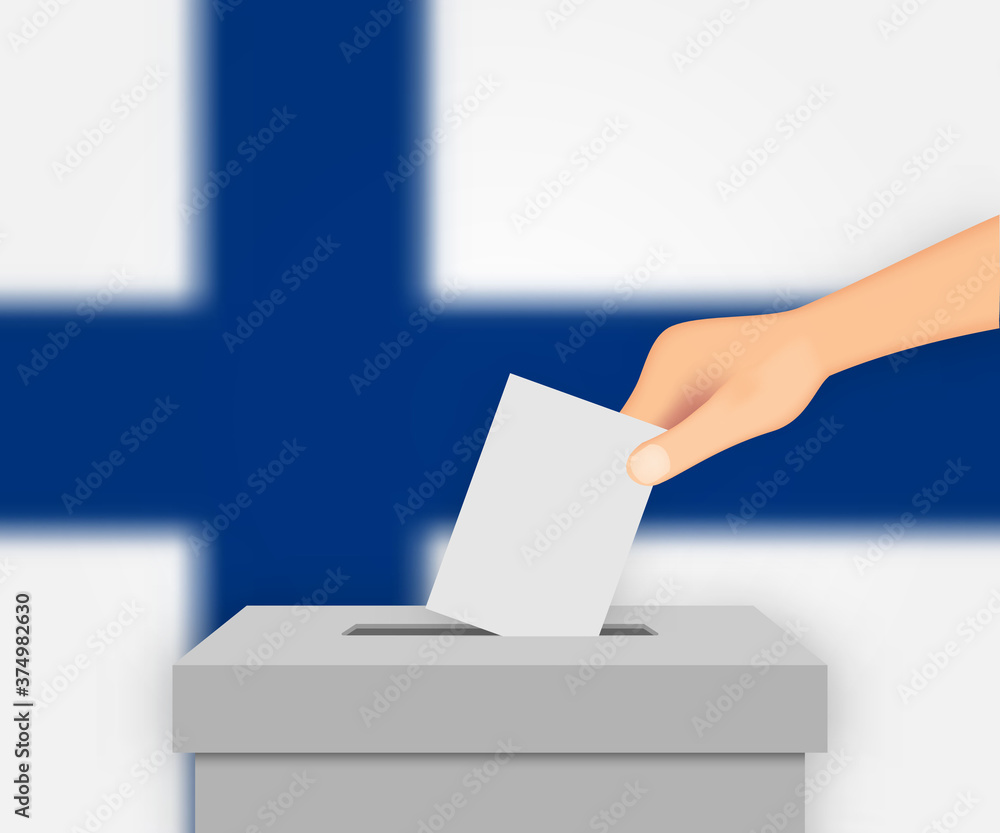 Finland election banner background. Ballot Box with blurred flag Template for your design Finland election banner background. Ballot Box with blurred flag Template for your design