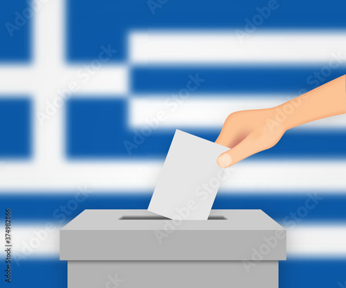 Greece election banner background. Ballot Box with blurred flag Template for your design