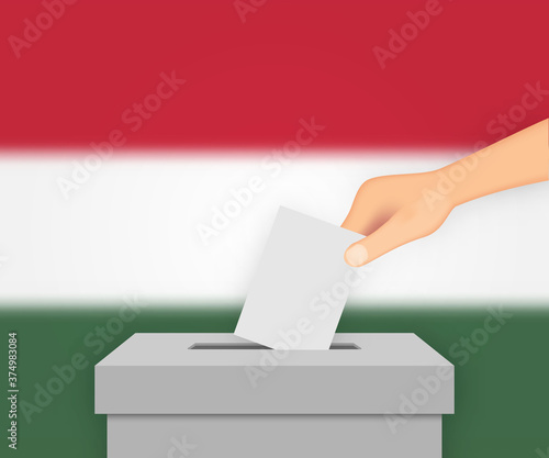 Hungary election banner background. Ballot Box with blurred flag Template for your design