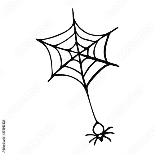 Spider on web monster doodle vector icon. Hand drawn halloween decor element illustration. Cobweb scary silhouette design symbol. Mystical horror sign linear isolated drawing 