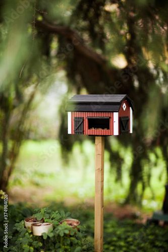 Barn shaped birdhouse and feeder on a pole under conifer in garden photo