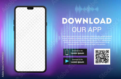 Download page of the mobile app mock up. Empty screen smartphone for you app. Download buttons. Vector illustration.