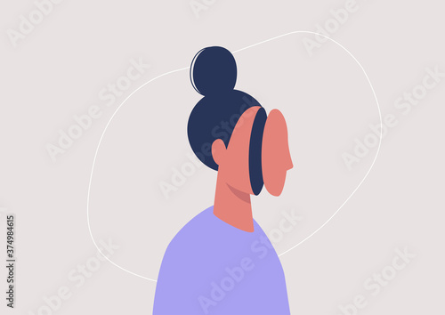 Young female character taking off a mask, mental health problems, detachment and depression