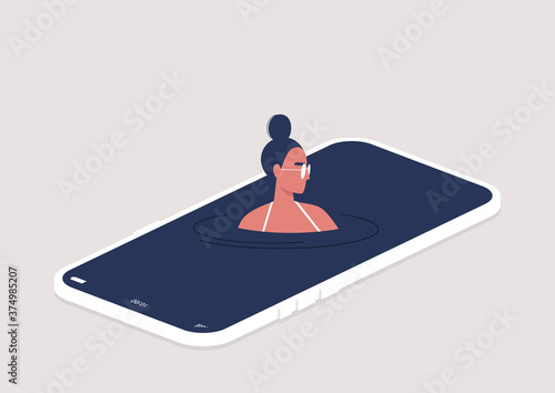 Young female character addicted to social media swimming on their smart phone screen, virtual vacation, digital escape concept