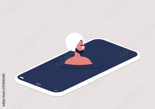 Young indian male character addicted to social media swimming on their smart phone screen, virtual vacation, digital escape concept