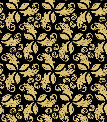 Floral ornament. Seamless abstract classic background with flowers. Pattern with repeating floral elements. Black and golden ornament for fabric  wallpaper and packaging