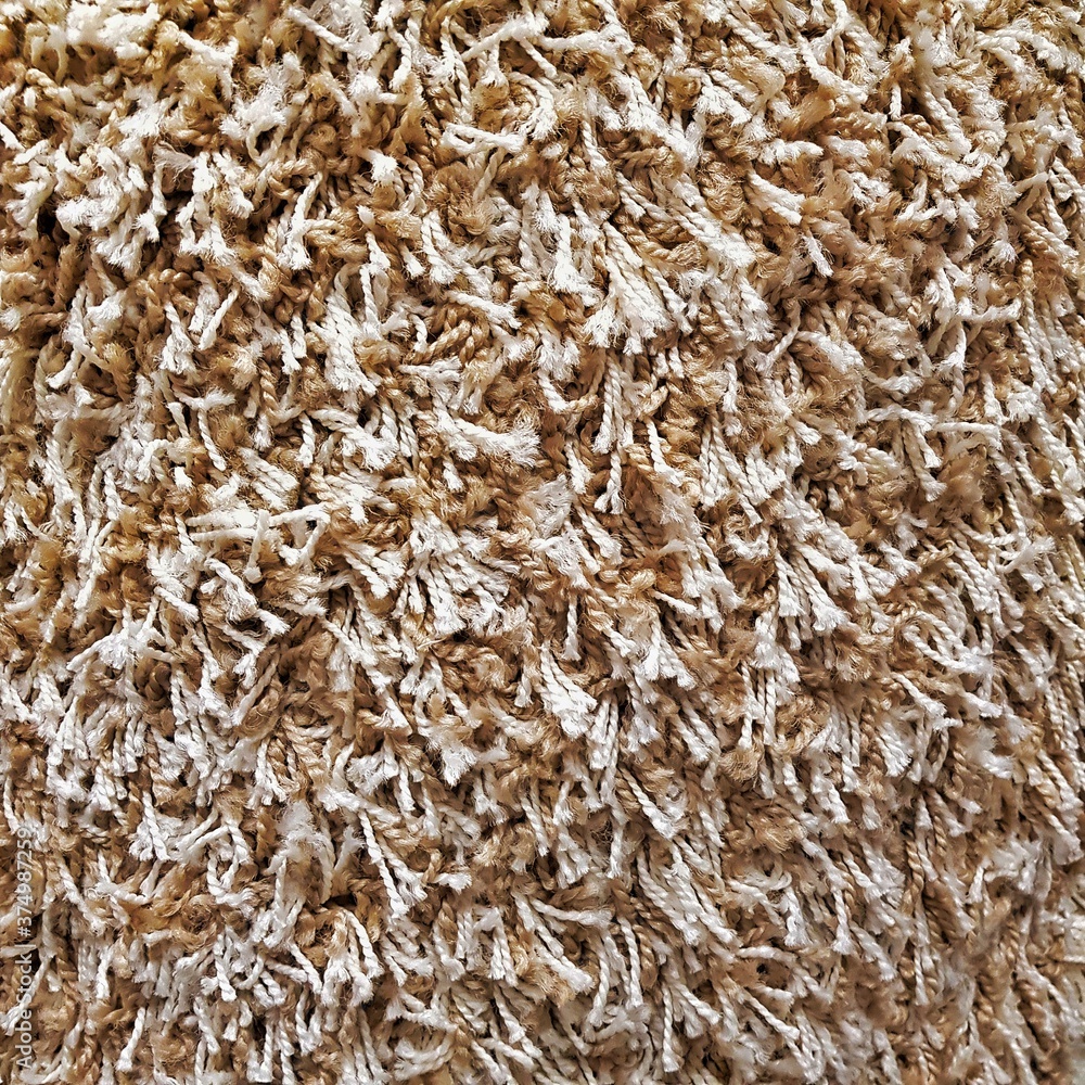Texture of brown fur for interior design project. Shaggy wool carpet background.
